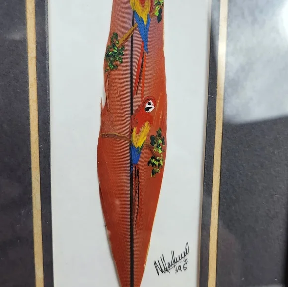 Costa Rica Hand Painted Feather Art Green PARROT Bird Lover Matted Framed 9x5 - Picture 6 of 6